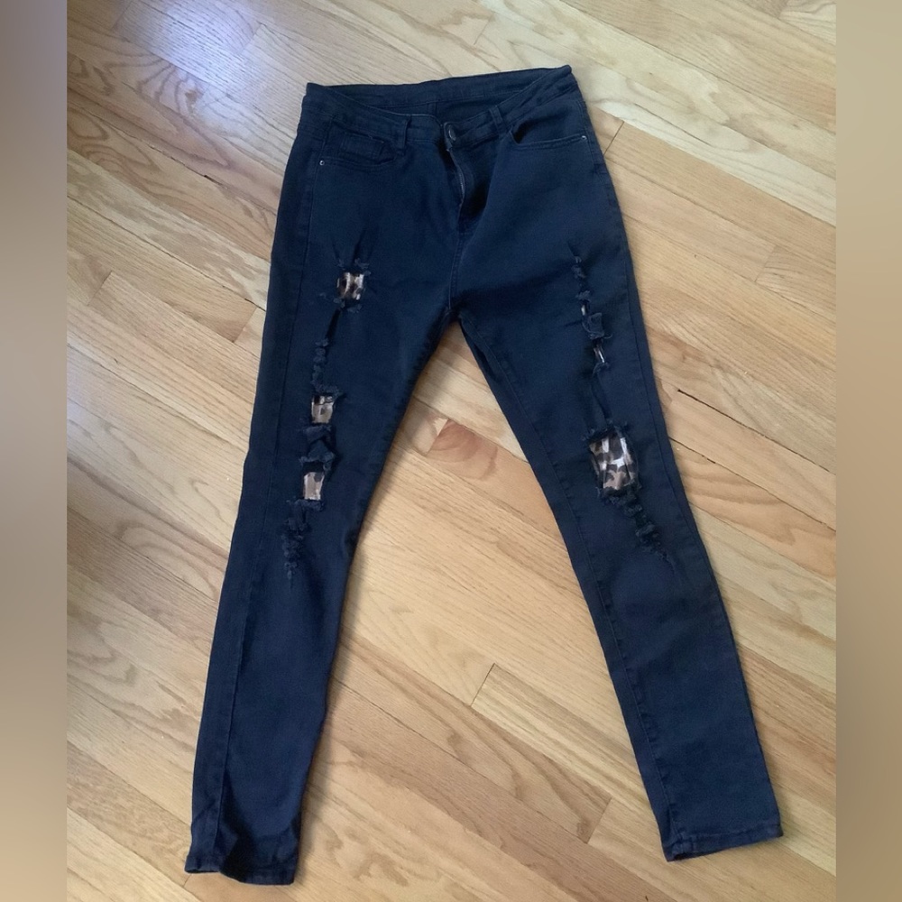 Black/Leopard distressed jeans L (32x32)